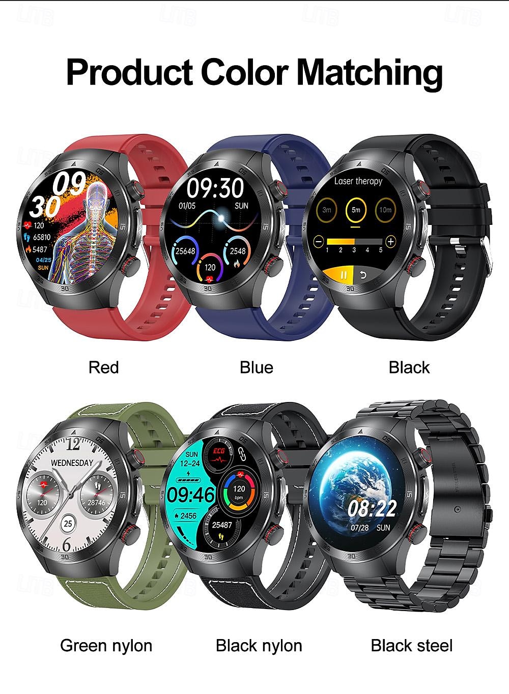 Laser Physiotherapy Blood Glucose Smart Health Watch Fitness Running Watch Bluetooth Temperature Monitoring Pedometer Compatible with Android iOS Women Men IP67 Waterproof 2025 - $97.99 –P19
