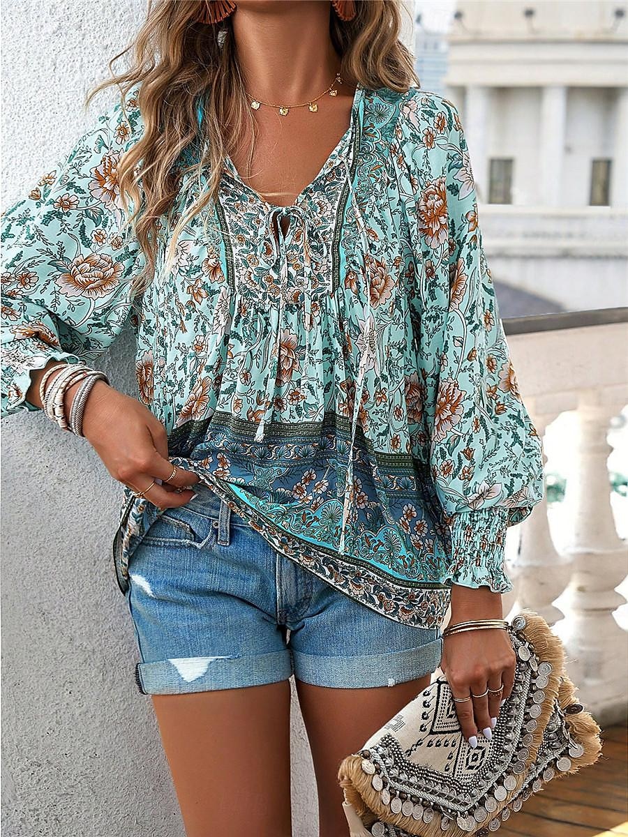 dameskjorte bluse casual boho floral blondetrykk lange ermer vanlige topper v-hals ferie strand rosa marineblå blå oransje sommer 2025 - $31.99 –P10