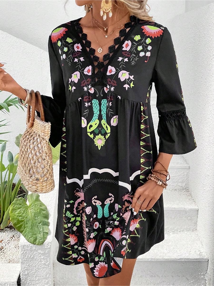 Damen Minikleid Casual kleid Sommerkleid Boho-Kleid Stilvoll Brautkleider schlicht Urlaub Täglich Verabredung Regular Fit Blumen 3/4 Ärmel V Ausschnitt Schwarz Rote Fuchsie Aprikose Sommer 2025 - $27.99 –P15