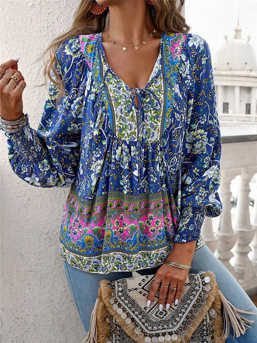 dameskjorte bluse casual boho floral blondetrykk lange ermer vanlige topper v-hals ferie strand rosa marineblå blå oransje sommer 2025 - $31.99 –P15