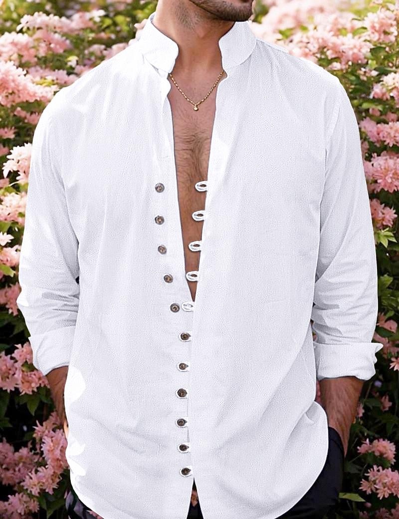 Herren Hemd Leinenhemd Sommerhemd Strandbekleidung Knopfhemd Einfarbig Täglich Strand Schwarz Rosa Khaki Dunkelgrau Langarm Sommer Bekleidung 2026 - $25.99 –P5