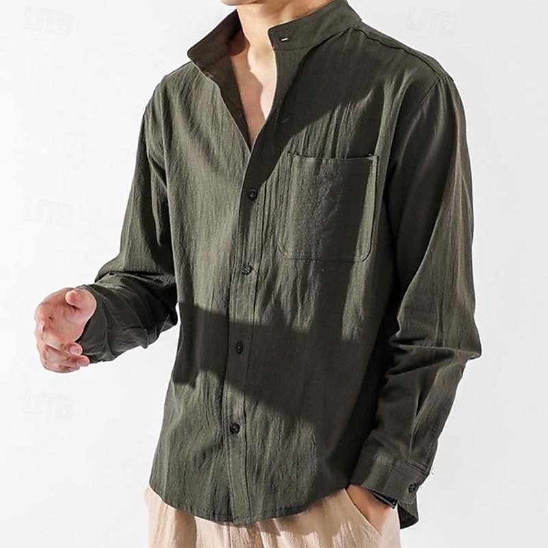 Per uomo Camicia in cotone e lino Camicia con colletto cinese Camicia con colletto alla coreana Semplice Vacanza Nero Bianco Verde militare Manica Lunga Colletto alla coreana Abbigliamento Tasca del 2025 a $25.99 –P9