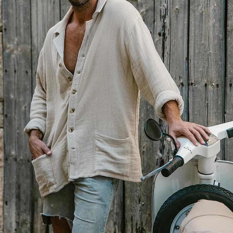 Per uomo Camicia Camicia di lino Camicia bianca di cotone Camicia casual Camicia in cotone e lino Camicia di cotone Semplice Vacanza Camicia hawaiana Bianco Albicocca Manica Lunga Collo Camp del 2025 a $29.99 –P4