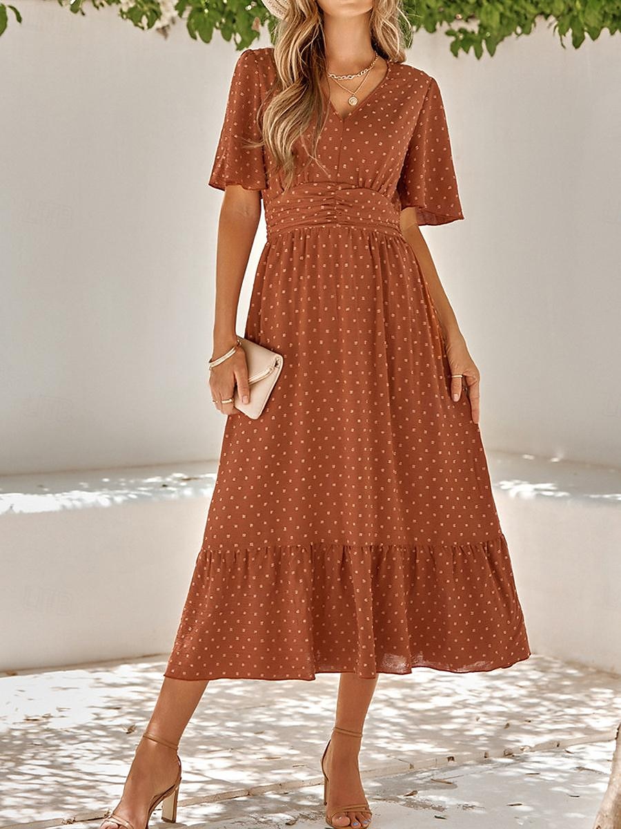 Naisten Rento mekko Midimekko Ruffle Trim Deitti Loma Katutyyli Vapaa-aika V kaula-aukko Puolihiha Ruskea Apila Aprikoosi Väri 2025 - $41.99 –P6