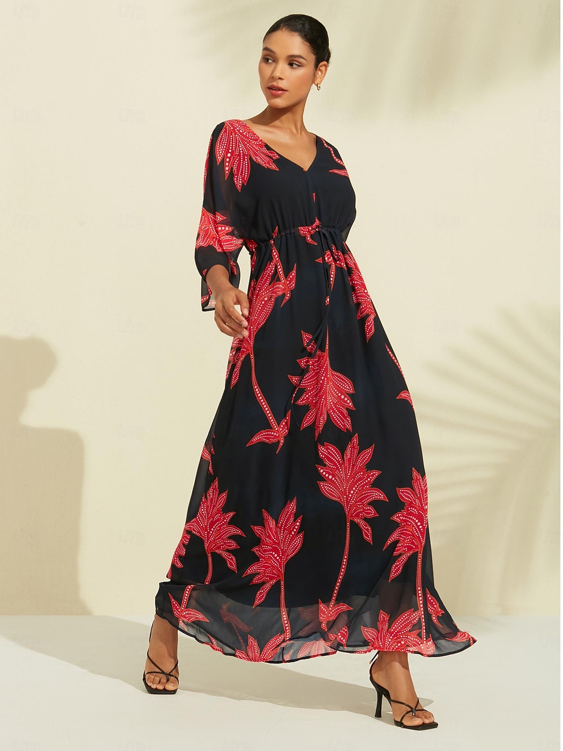 Per donna Abito Stampato Abito maxi Nero Manica 3/4 Foglia Stampa Fiori / Piante Stampa Primavera & Estate Scollo a V Spiaggia S M L del 2025 a $141.99 –P5