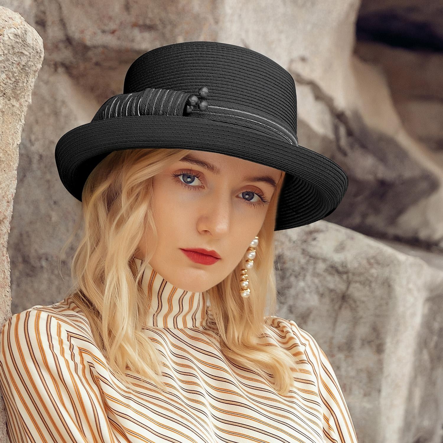 Chapeaux Fibre Chapeau Melon / Cloche Chapeau de seau Capeline Casual Plage Elégant Mariage Avec Perle fausse Fantaisie Casque Couvre-chef de 2025 ? $41.99 –P5