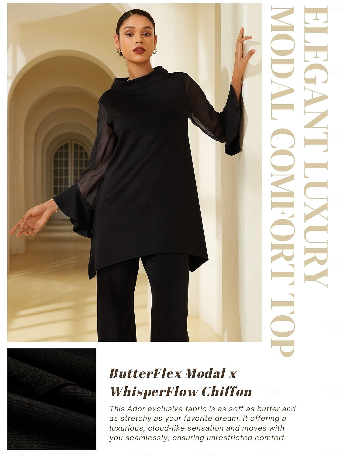 Damen Modal Chiffon Flare Manschette Stehkragen Langarm Bluse Hosen Set Date Elegant Alltagskleidung 2025 - $131.99 –P1