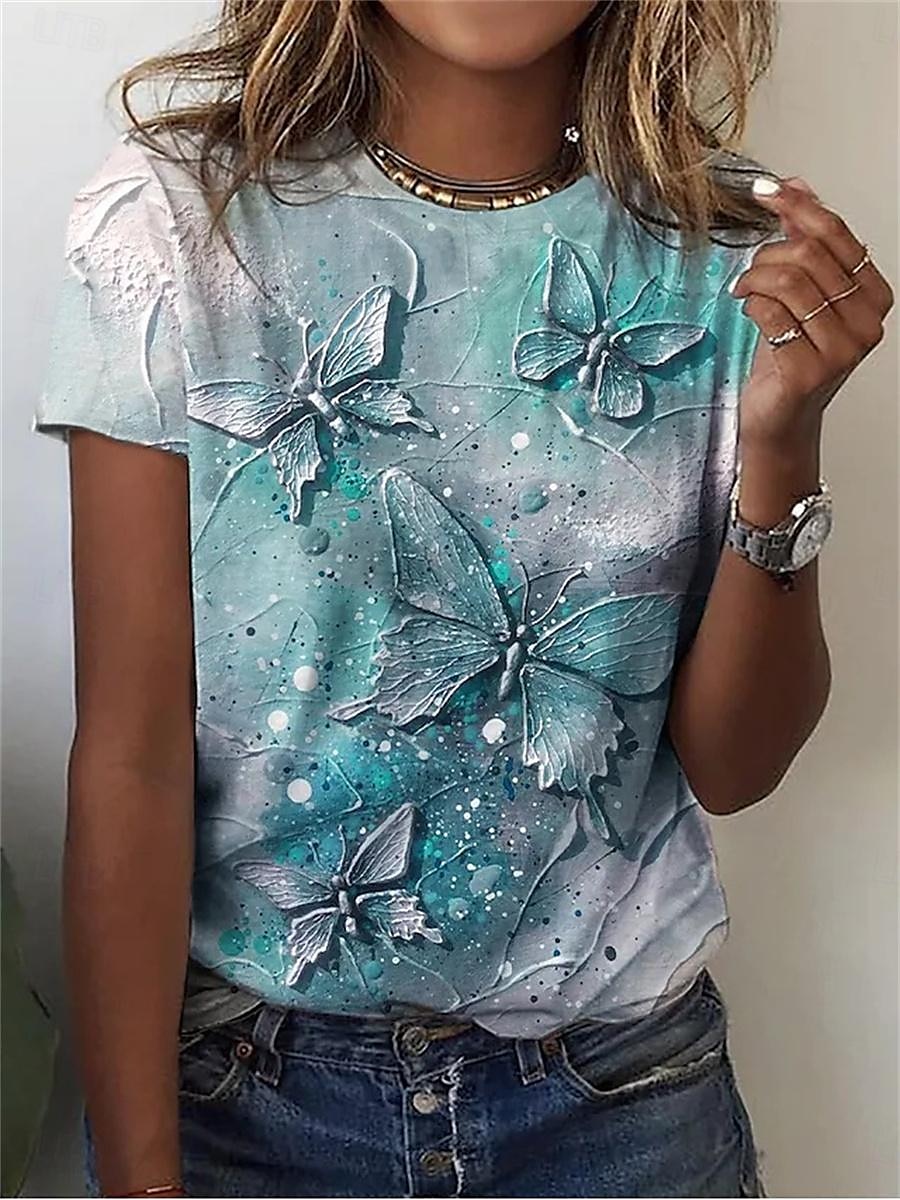Women's T Shirt Butterfly Fashion Modern Short Sleeve Crew Neck Regular Tops Daily Print Yellow Pink Blue Sky Blue Summer 2025 - $21.99 –P3