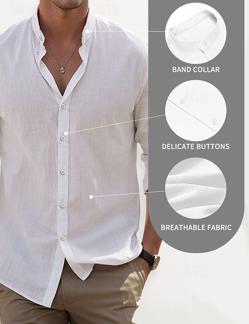 Voor heren Overhemd Overhemd met bandkraag Zomer overhemd Strand Kleding Overhemd met knopen Effen Casual Dagelijks Zwart Wit Blozend Roze blauw Lange mouw Band Kraag Lente zomer Kleding 2025 - $22.99 –P1