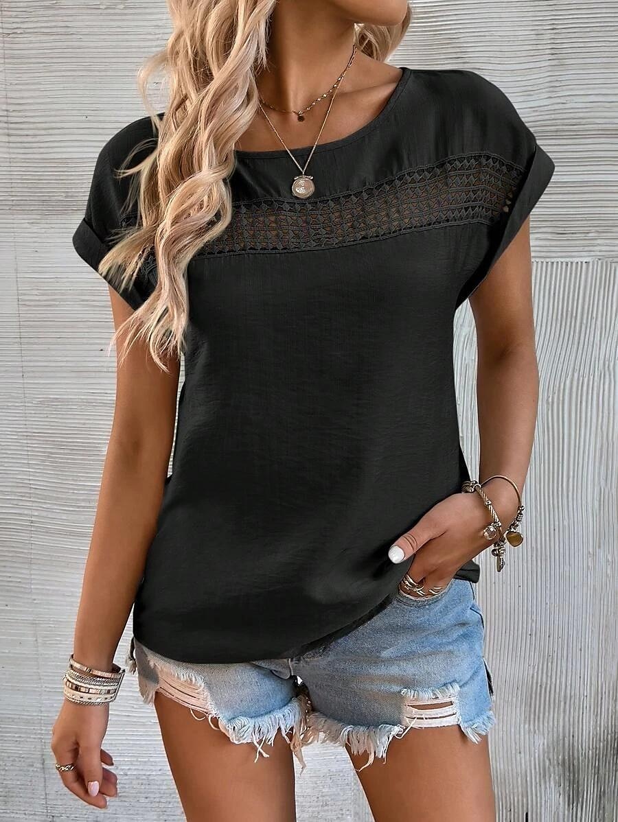 Damen Leinen-inspirierte Hemden Spitzen-T-Shirt Einfach Mode Kurzarm Rundhalsausschnitt Normale Oberteile Urlaub Täglich Spitze Schwarz Blau Braun Grün Khaki Sommer 2025 - $29.99 –P7