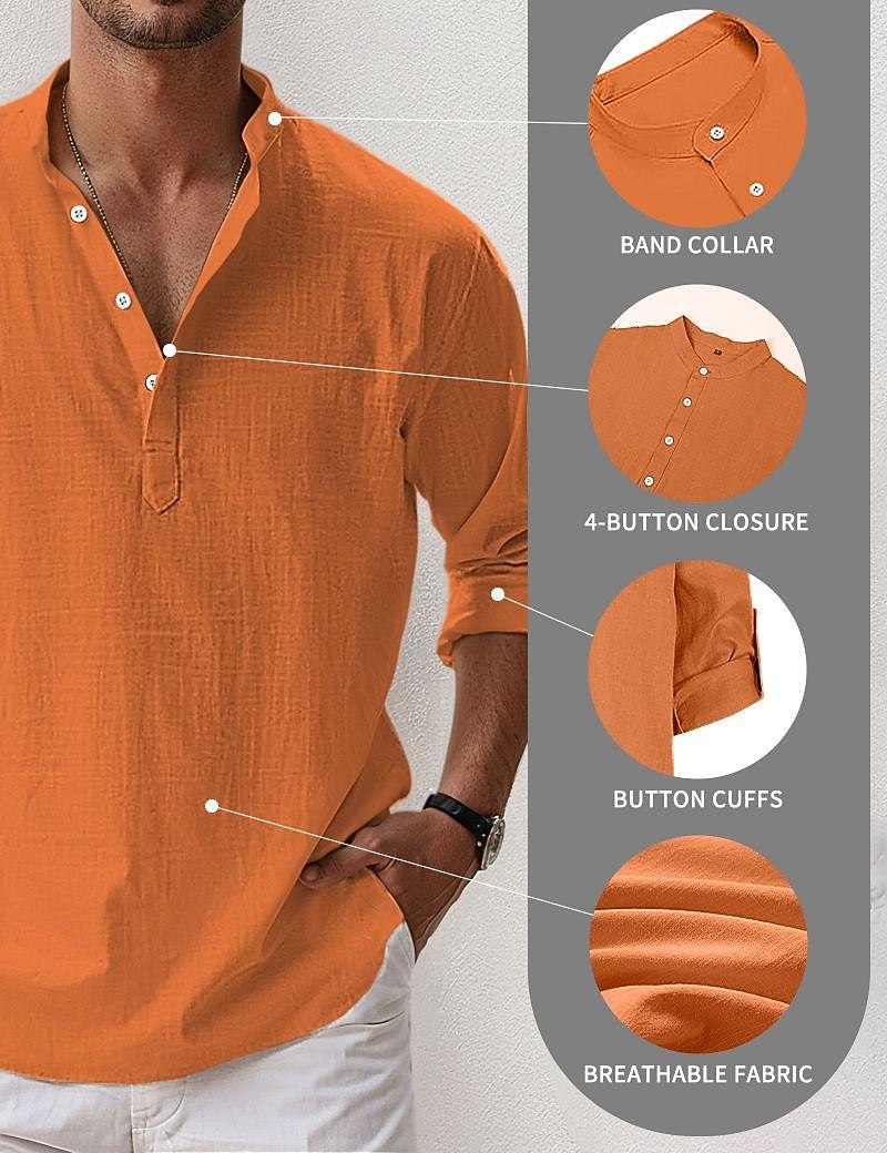 Voor heren Linnen overhemd Popover-shirt Zomer overhemd Strand Kleding Normaal shirt Overhemd met bandkraag Effen Vakantie Hawaii Zwart Wit Blozend Roze blauw Lange mouw Henley Lente zomer Kleding 2026 - $25.99 –P5