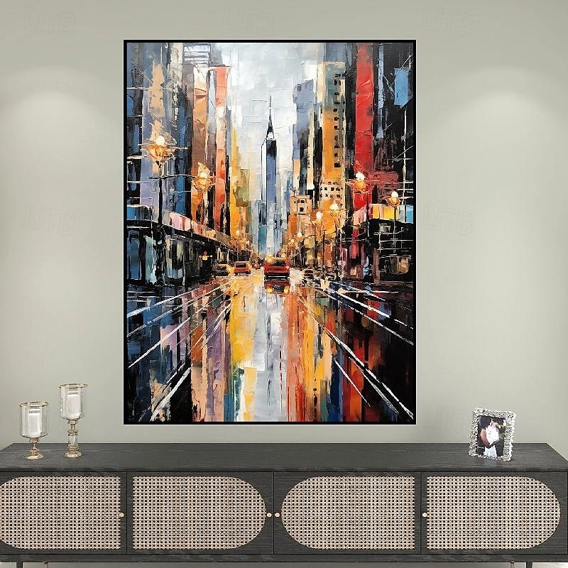 Cityscape Oil Painting handmade Textured Canvas Art Colorful Skyline painting hand painted Landscape Art Urban Street Scene Painting Modern art painting for Living Room Wall Decor 2025 - $69.99 –P1