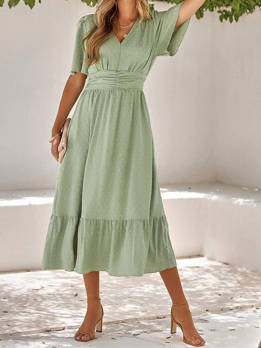 Naisten Rento mekko Midimekko Ruffle Trim Deitti Loma Katutyyli Vapaa-aika V kaula-aukko Puolihiha Ruskea Apila Aprikoosi Väri 2025 - $41.99 –P15