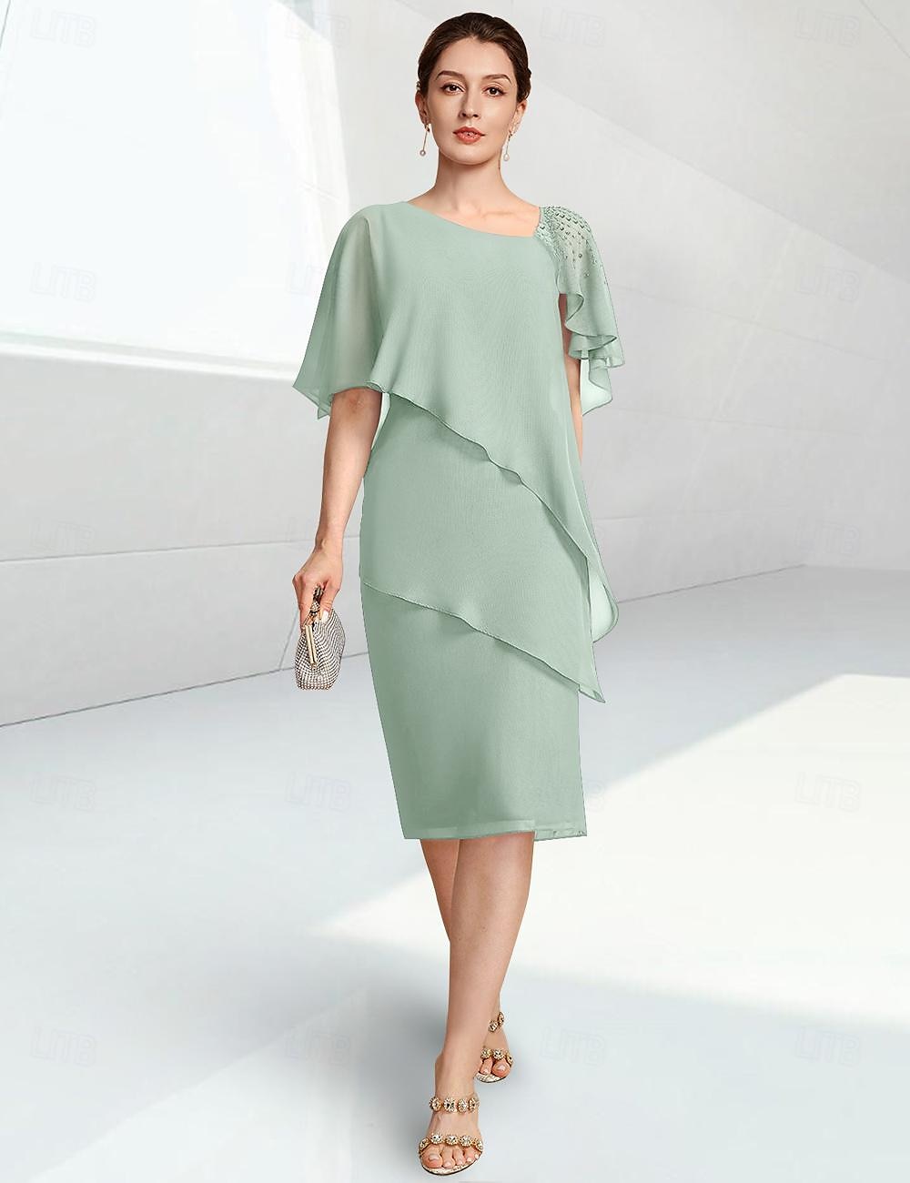 Tubino Colonna Lunghezza al ginocchio Vestito da Festa Abito da Cocktail Abito da invitata a nozze Abito da cerimonia per signora Mezza Manica Collo gioiello Elegante Ospite di nozze Chiffon con del 2026 a $172.99 –P4