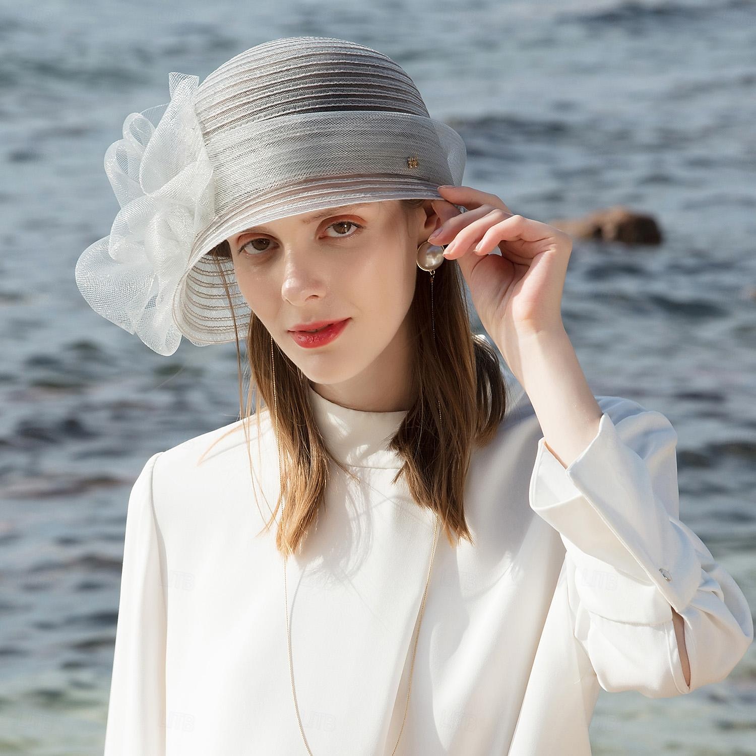 Hatter Fiber Bøttehatt Solhatt Bryllup Te Fest Elegant Bryllup Med Blomster Perledetaljer Hodeplagg Hodeplagg 2025 - $35.99 –P15