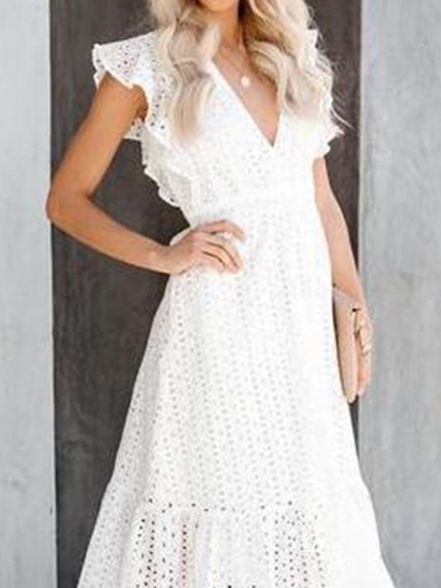 Női Fehér ruha Midi ruha Pamut Ruffle Trim Sleeve-vel Vakáció Alkalmi A-vonalú V-alakú Rövid ujjú Fehér Szín 2025 - $51.99 –P1