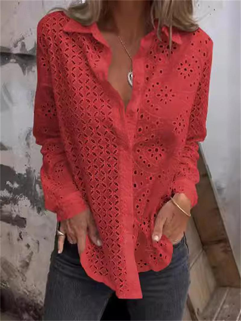 Women's White Elegant Lace Tops Eyelet Blouse Plain Button Cut Out Street Daily Fashion Shirt Collar Regular Fit Romantic Petite Tops Summer Holiday Wear Black White Red 2025 - $39.99 –P2