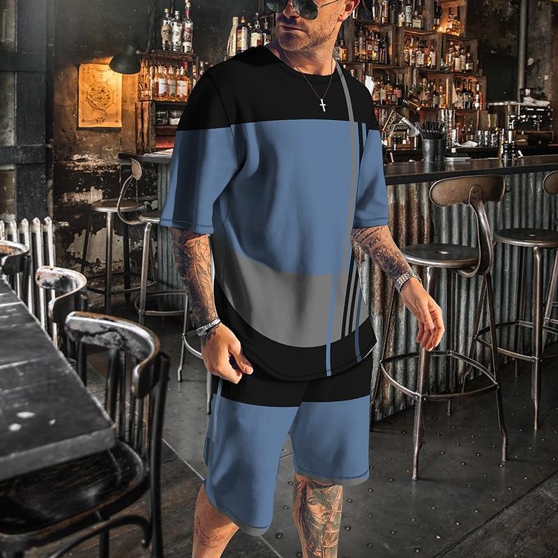 Herr T-shirtkostymer 2 delar outfits T-shirt och shorts Kortärmad Rund hals Sommar Färgblock Mode Ledigt 2 st Semester Dagliga kläder Utekväll Vit Blå Mörkblå Topp t-shirt för män 2025 - $28.99 -P4