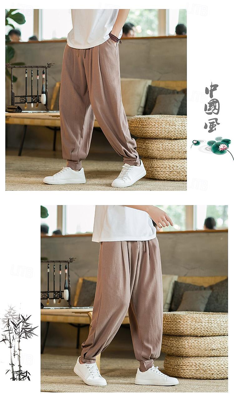 Homens Calças de linho Calça verão Calça casual Bolsos Côr Sólida Respirável Comprimento total Esportes Relaxantes Casual Ajuste Largo Preto Azul Profundo Sem Elasticidade de 2025 por $31.99 –P6