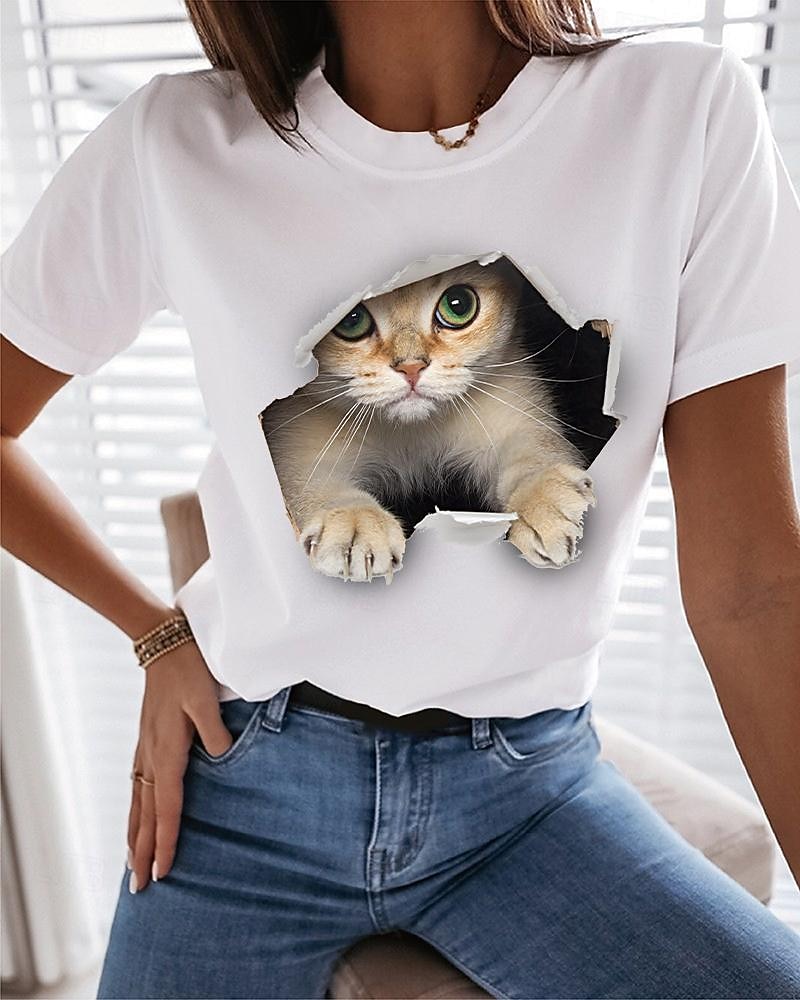 Per donna maglietta Maglietta divertente Nero Bianco Pop art Gatto Stampa Manica corta Informale Giornaliero Essenziale Rotonda Standard 100% cotone Gatto 3D S del 2025 a $4.59 –P16