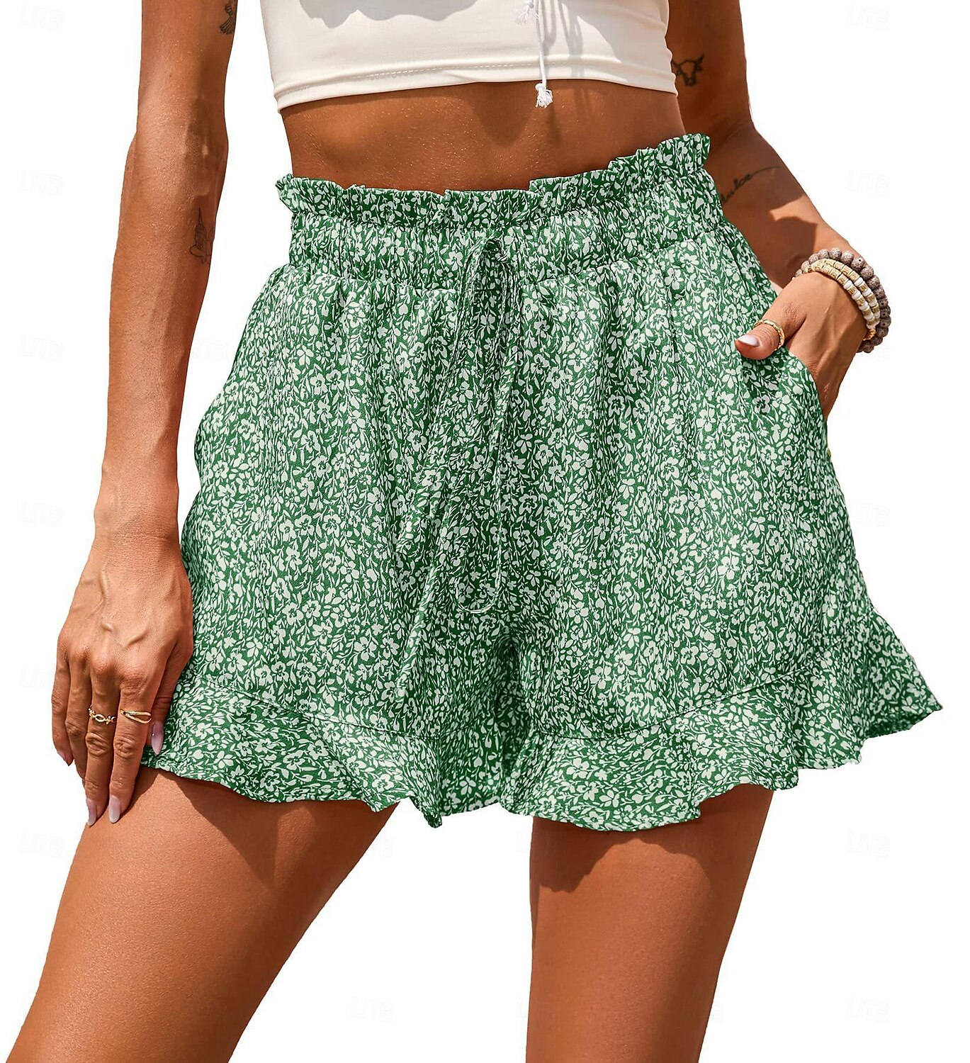 Mulheres Calção Casual Diário Curto Floral Frufru Com Cordão Bolsos laterais Respirabilidade Confortável Sem Elasticidade Para Noite Final de semana Vermelho Azul Verde Cinzento Verão Normal de 2025 por $18.99 –P3