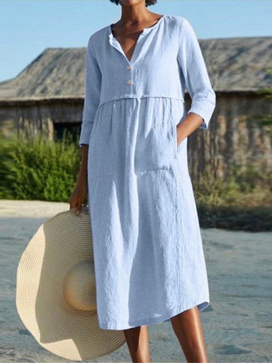 Per donna Abito Midi Finto cotone e lino Abito Camicia Vestito Casual Essenziale Moderno Quotidiano Weekend Vestibilità comoda Semplice Manica 3/4 Scollo a V Blu Nero Rosa Vino Estate Primavera del 2026 a $17.49 –P1