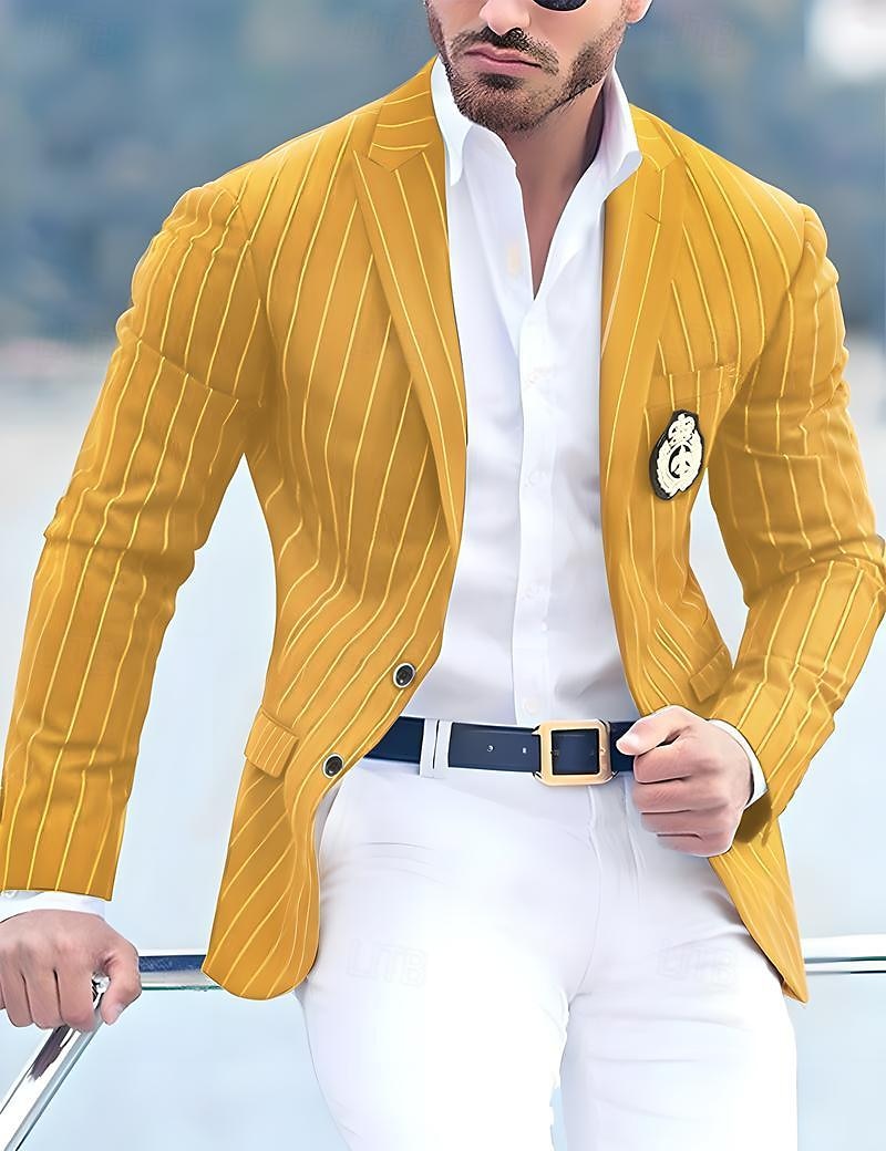 Per uomo Laurea Abbigliamento da cocktail Blazer Affari Serata Formale Ricevimento di matrimonio Solo in alto Moda Casual Estate Primavera & Autunno Poliestere A righe Tasca Casual / Quotidiano del 2025 a $49.99 –P16