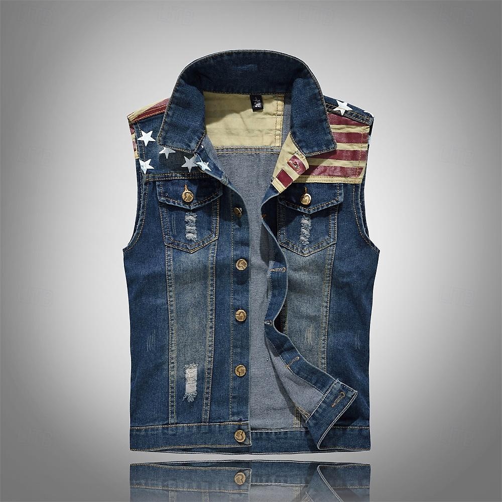 Herren Weste Jeansweste Freizeitskleidung Urlaub Ausgehen Modisch Basic Frühling & Herbst Taste Tasche Baumwollmischung Komfortabel Nationalflagge Einreihiger Verschluss Kargen Regular Fit Blau Weste 2025 - $33.99 –P1