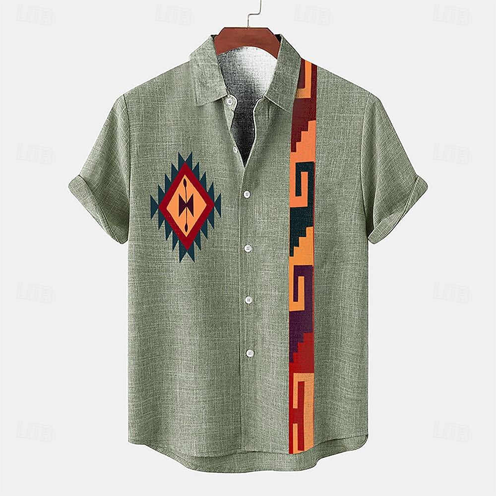 Pánské Košile plátěná košile retro košile Vintage košile Etnická košile Etno Denní Hnědá Trávová zelená Šedá Krátký rukáv Přehnutý Léto Jaro Oblečení 2025 - $26.99 –P4