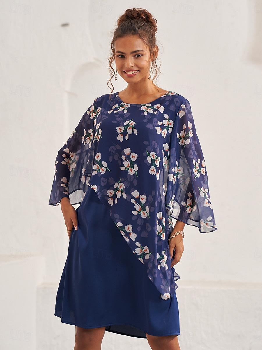 Damen Hochzeitsgastkleid A-Linien-Kleid elegantes geblümtes Midikleid Chiffon ausgestellte Ärmel Rundhalsausschnitt Patchwork normale Passform Hochzeitsgast Cocktailparty blau Sommer 2025 - $12.99 –P6