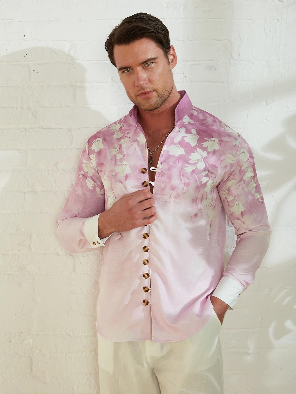 Herren Blumen Hemd leinenhemd Aloha-Shirt Langarm Brautkleider schlicht Freizeitskleidung Ausgehen Wochenende Frühling Stehkragen Bedruckt Button-Down Blau Purpur Grün 2025 - $25.99 –P2
