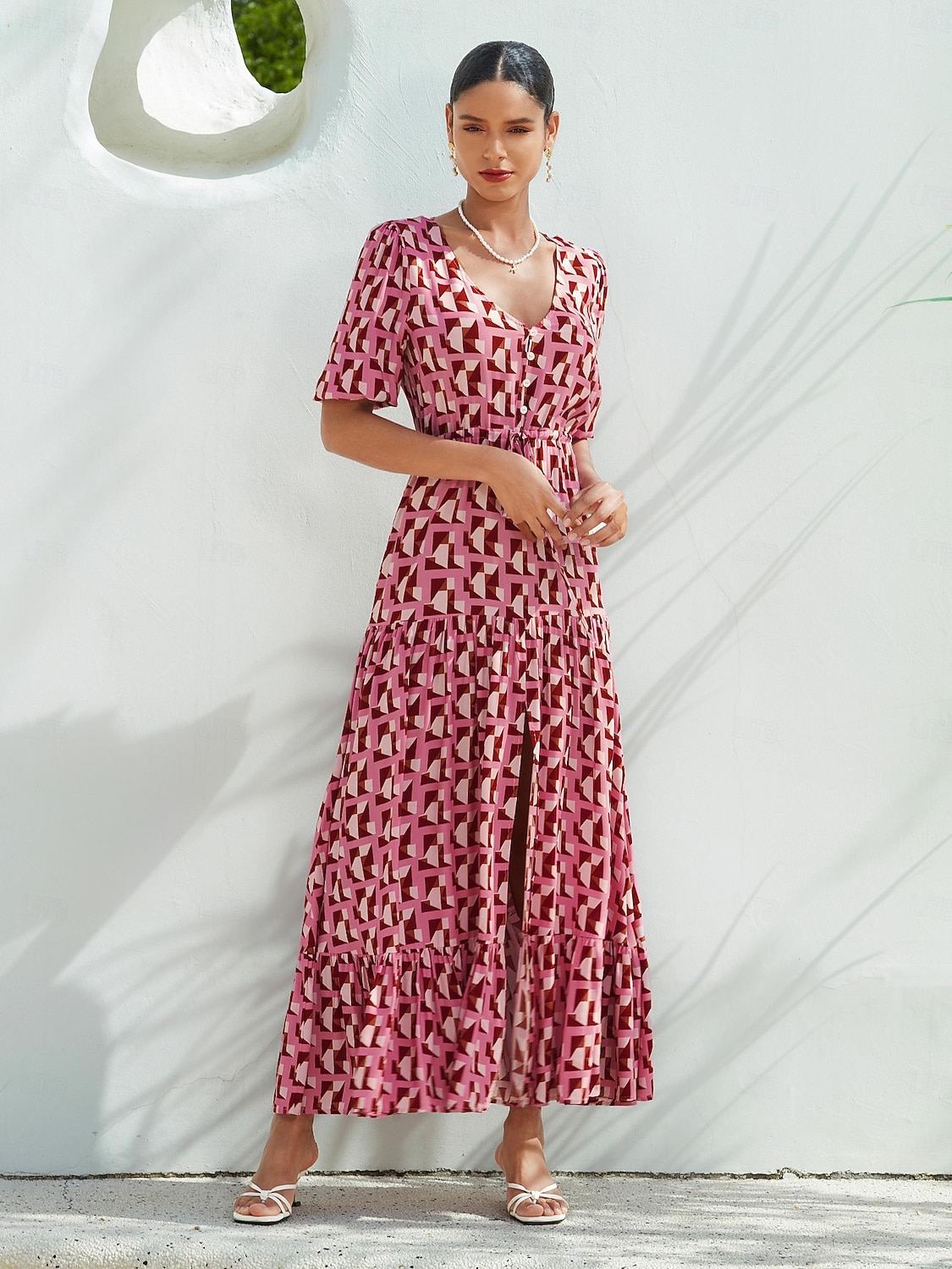 Mulheres Roupas de resort Vestido Longo Vestido Maxi Rosa Manga Curta Geométrico Com Cordão Primavera Verão Decote V férias na praia S M L de 2025 por $124.99 –P6