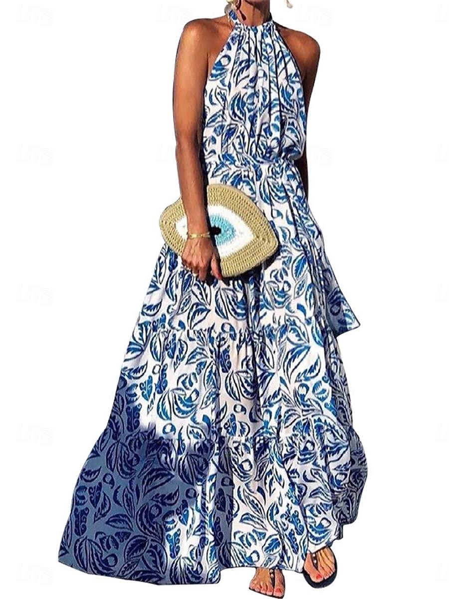 Pentru femei Rochie Lunga Rochie Maxi Rochie casual Rochie leagăn Rochie A line Rochie de vară Stilat Casual Vacanță Zilnic Dată Fit regulat Floral Fără manșon Gâtul halter Albastru piscină Trifoi 2025 - $33.99 –P2