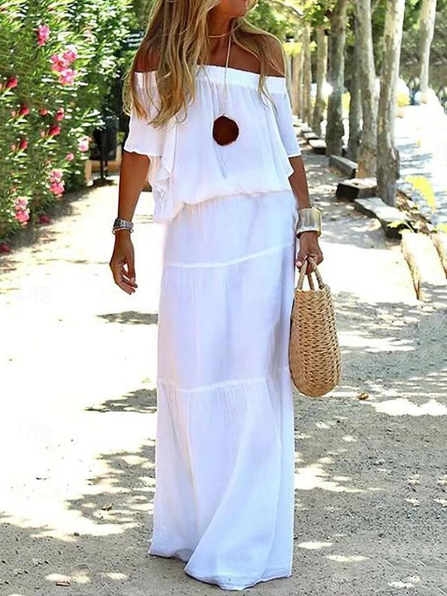 Damen Maxikleid Leinen-inspirierte Kleider Weißes Kleid Freizeitkleid Sommerkleid Streetwear Maxi Lässig Urlaub Straße Ferien Normale Passform Halbarm Schulterfrei Schwarz Weiß Rote Khaki Sommer 2025 - $36.99 –P1
