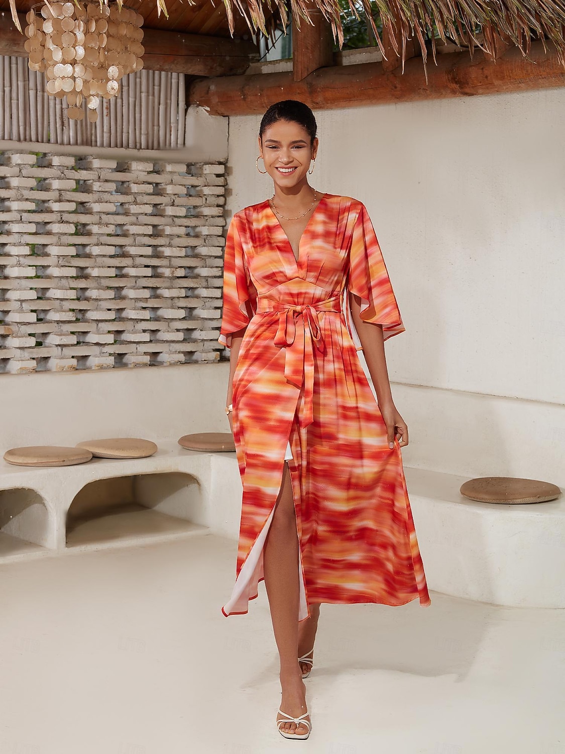 2025年 女性用 ヘムマキシ マキシドレス ルビーレッド ハーフスリーブ シェーディング プリント 夏 Ｖネック ドレス バケーション S M L  コレクション – $103.99 –P3