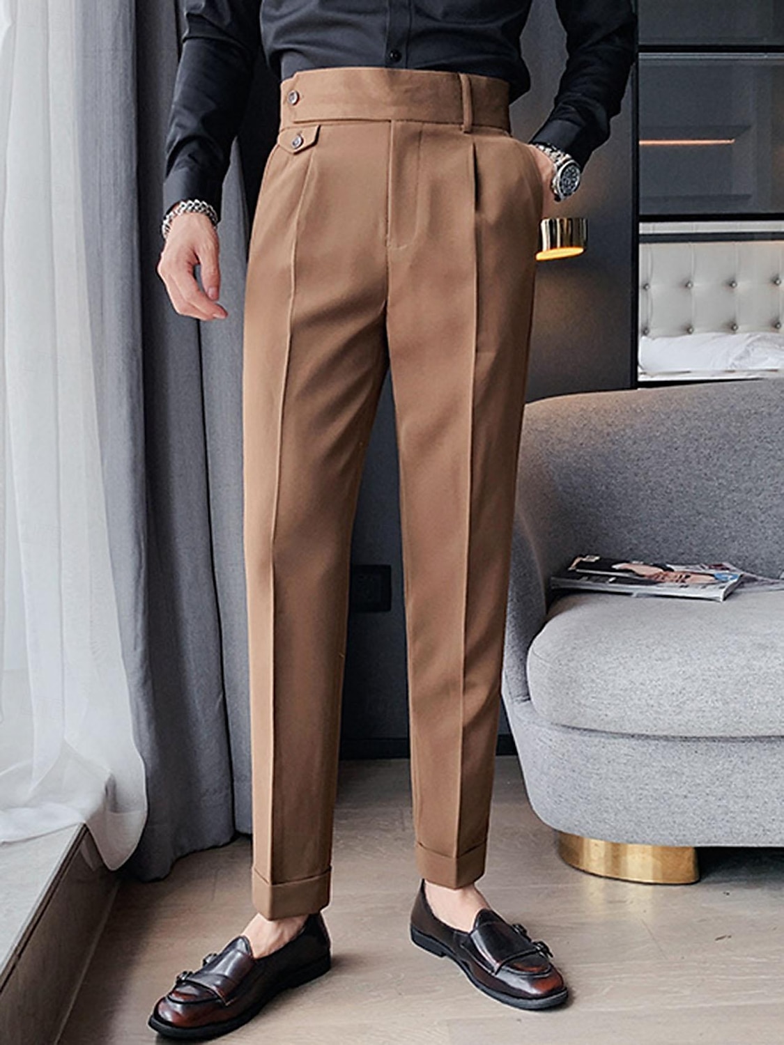 Homme pantalon de costume Pantalon Pantalon plissé Pantalon de costume Pantalon Gurkha Poche Taille haute Plein Confort Mariage Bureau Travail Elégant Rétro Vintage Noir Blanche Taille haute de 2025 ? $15.49 –P12