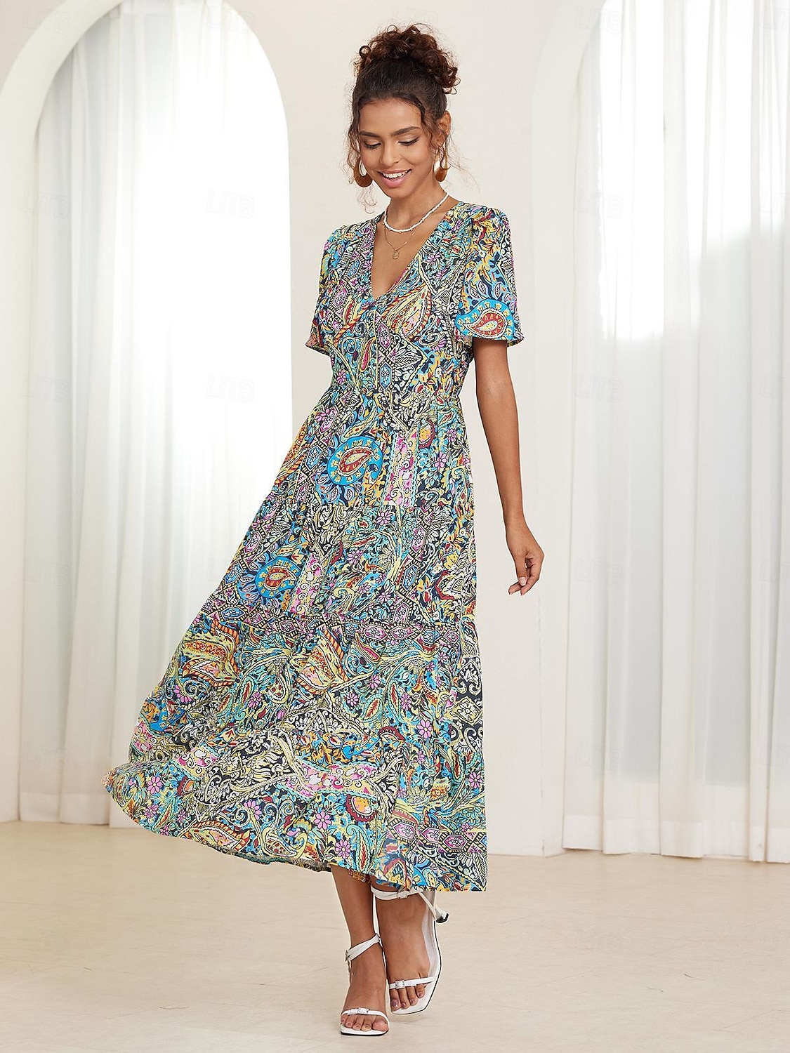 robe midi bohème pour femme col en V manches courtes imprimé cachemire évasé été décontracté tissu léger et respirant coloré style bohème vacances vêtements de plage multicolore disponible en de 2025 ? $49.99 –P4