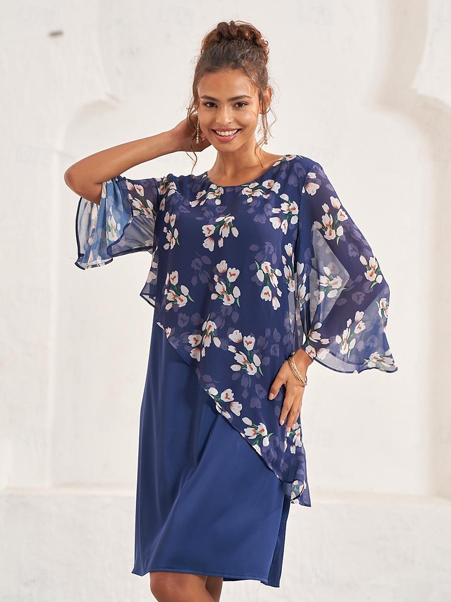 Damen Hochzeitsgastkleid A-Linien-Kleid elegantes geblümtes Midikleid Chiffon ausgestellte Ärmel Rundhalsausschnitt Patchwork normale Passform Hochzeitsgast Cocktailparty blau Sommer 2025 - $12.99 –P4