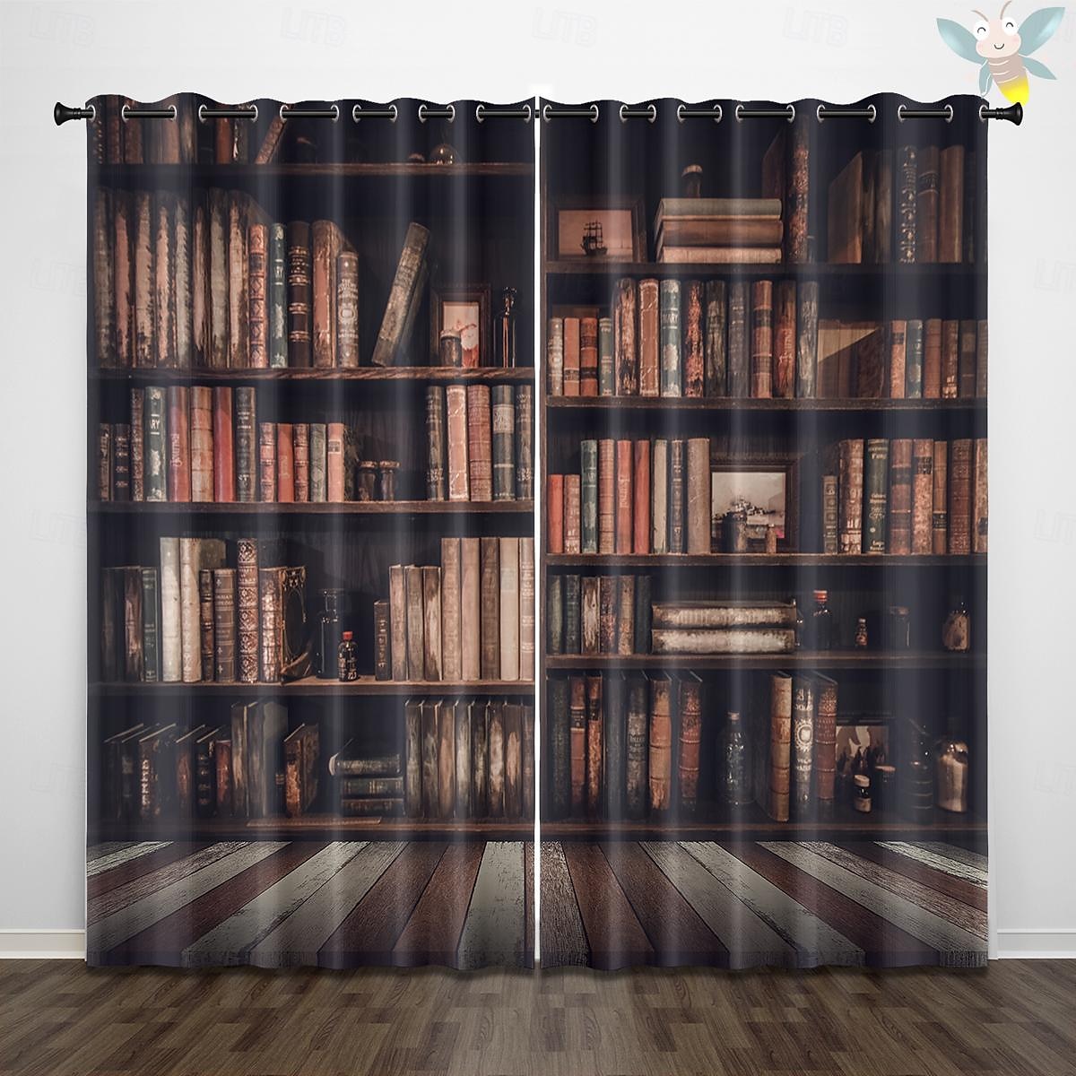 Vintage Bücherregal Verdunkelungsvorhänge Türisolierung Außenbalkon Rest Wohnzimmer Wohndekoration 2-teiliges Set mit 3D-Digitaldruck perforiert 2026 - $41.99 –P15