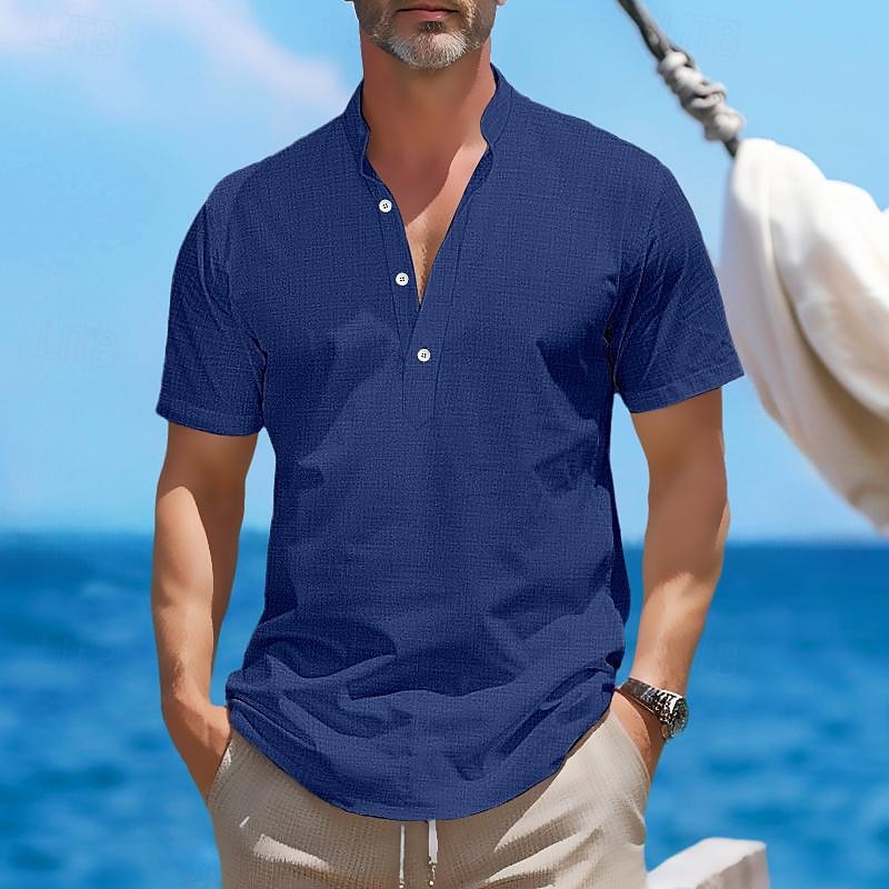 Herren Hemd leinenhemd Hemd mit Stehkragen Popover-Shirt Sommerhemd Strandhemd Glatt Urlaub Curise Schwarz Weiß Rosa Grün Kurzarm Henley Sommer Bekleidung 2025 - $22.99 –P9