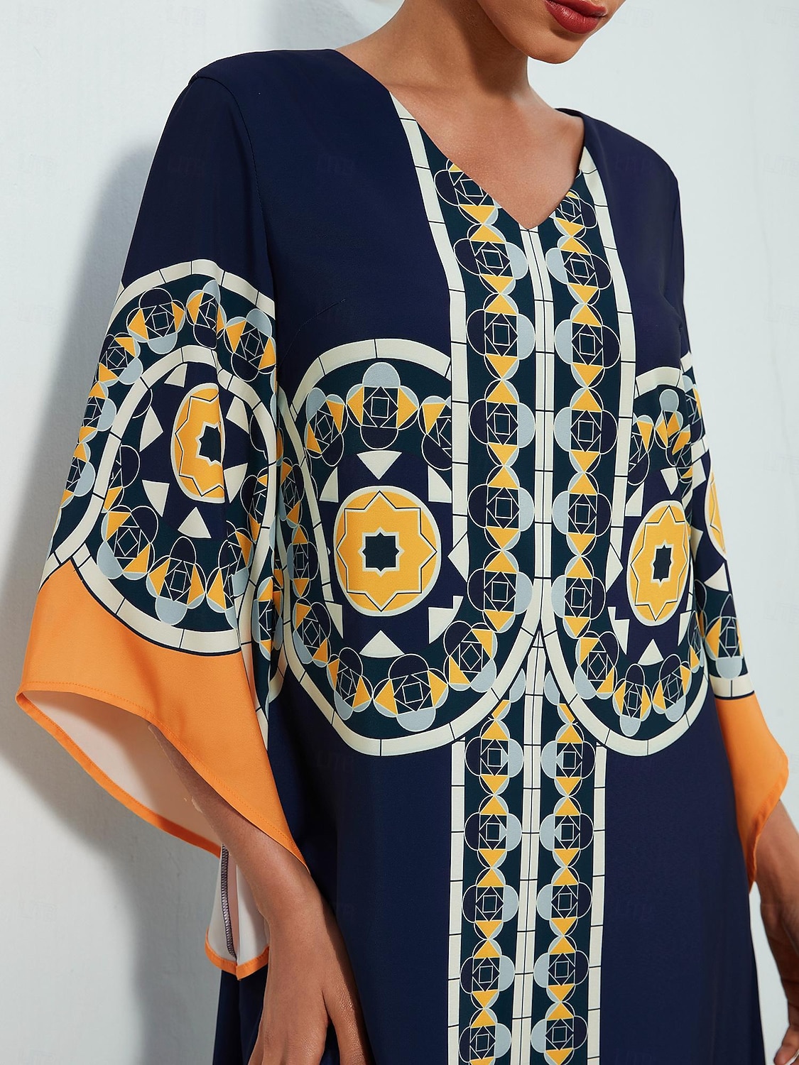 Dame Resort Wear Maxikjole Navyblå 3/4 ermer Folk Printer Vår sommer V-hals Fritid Strandferie XS S M 2025 - $124.99 –P3