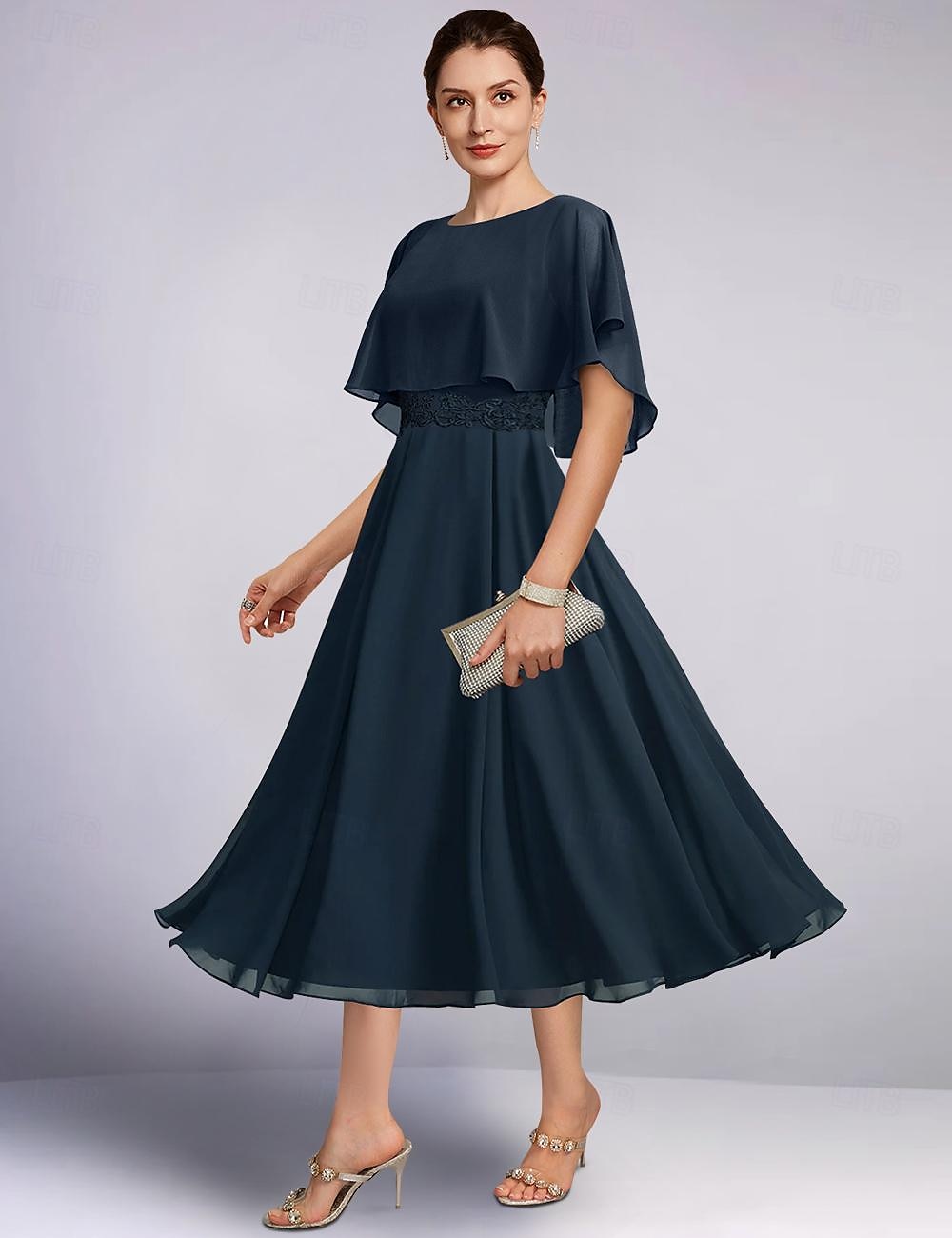 Strand Bruiloft A-Lijn Moeder van de Bruid Jurk Elegante Sierlijke Hals Thee Lengte Chiffon Halve Mouw met Kant maat op maat 2025 - $160.99 –P1