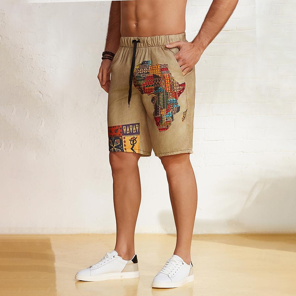 shorts masculinos shorts de verão shorts de praia com cordão cintura elástica mapa africano impressão estilo étnico respirável macio curto casual diário férias roupas de grife de 2025 por $19.99 –P4