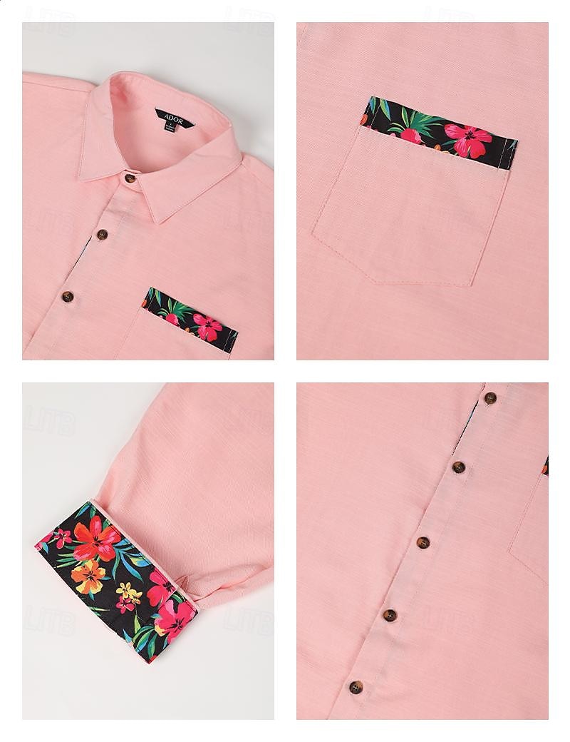 Voor heren Overhemd linnen overhemd Zomer overhemd Strand Kleding Overhemd met knopen Bloemig Vakantie Curise Zwart Wit Blozend Roze blauw Lange mouw Revers Lente & Herfst Kleding Splits 2025 - $26.99 –P3