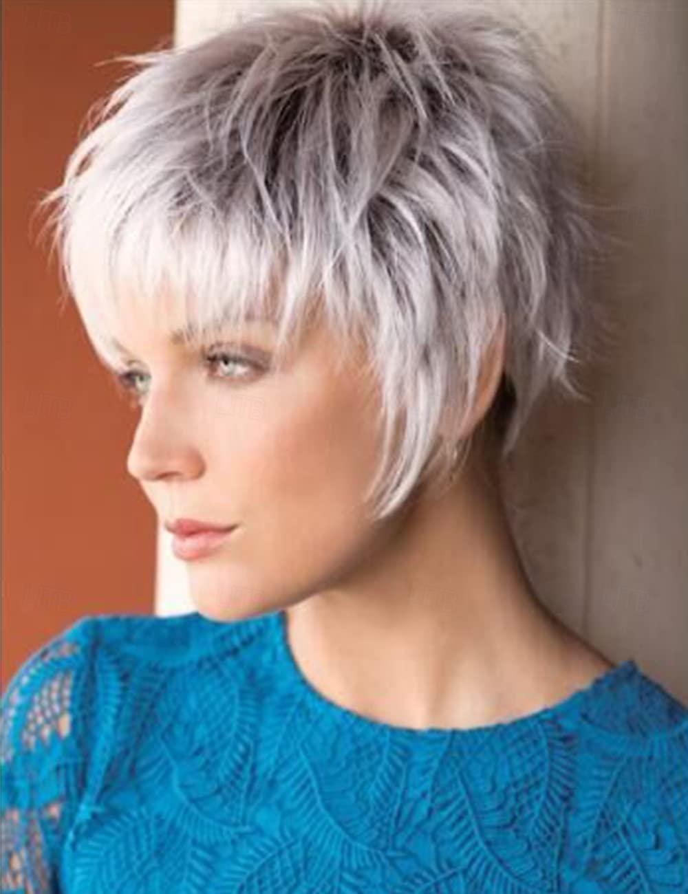 Pelucas cortas bob gris plateado para mujeres blancas peluca recta pixie bob con flequillo longitud de la barbilla resaltado rubio peluca de aspecto natural peluca sintética para fiesta diaria 2025 - $18.49 –P1