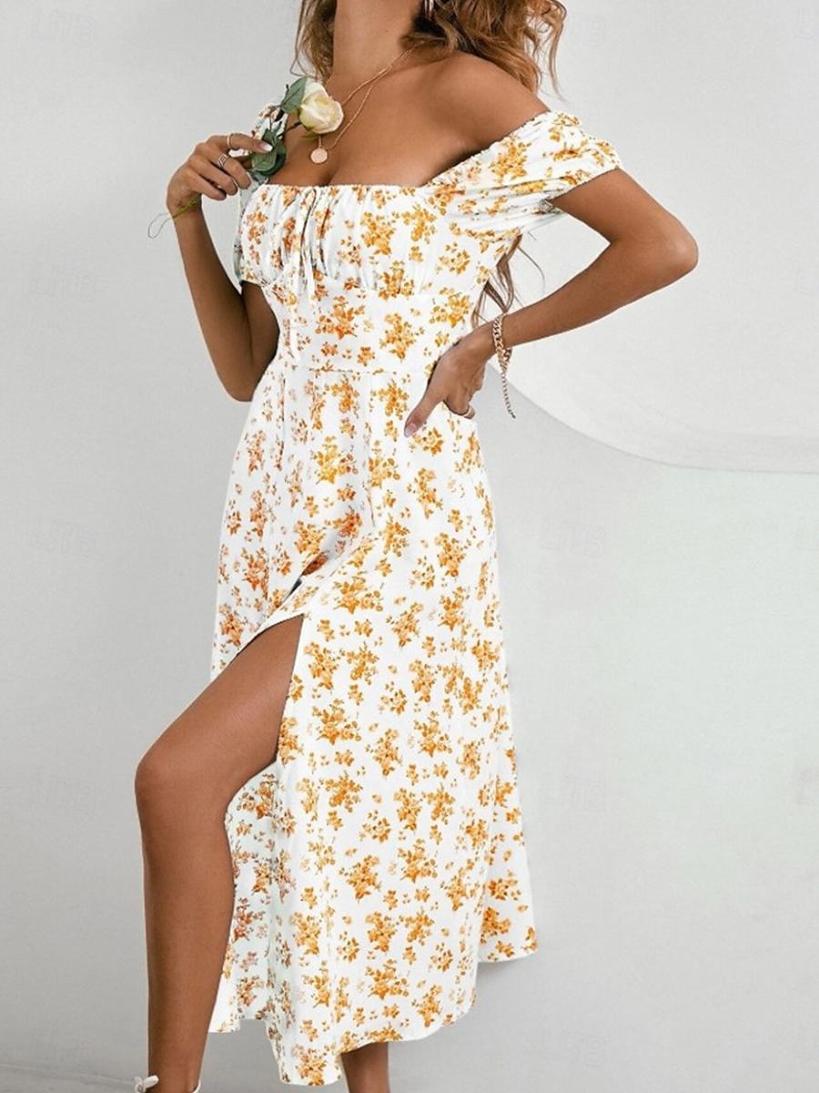 Women's Casual Dress Swing Dress Floral Split Print Square Neck Midi Dress Stylish Casual Daily Date Short Sleeve Summer 2025 - $28.99 –P18