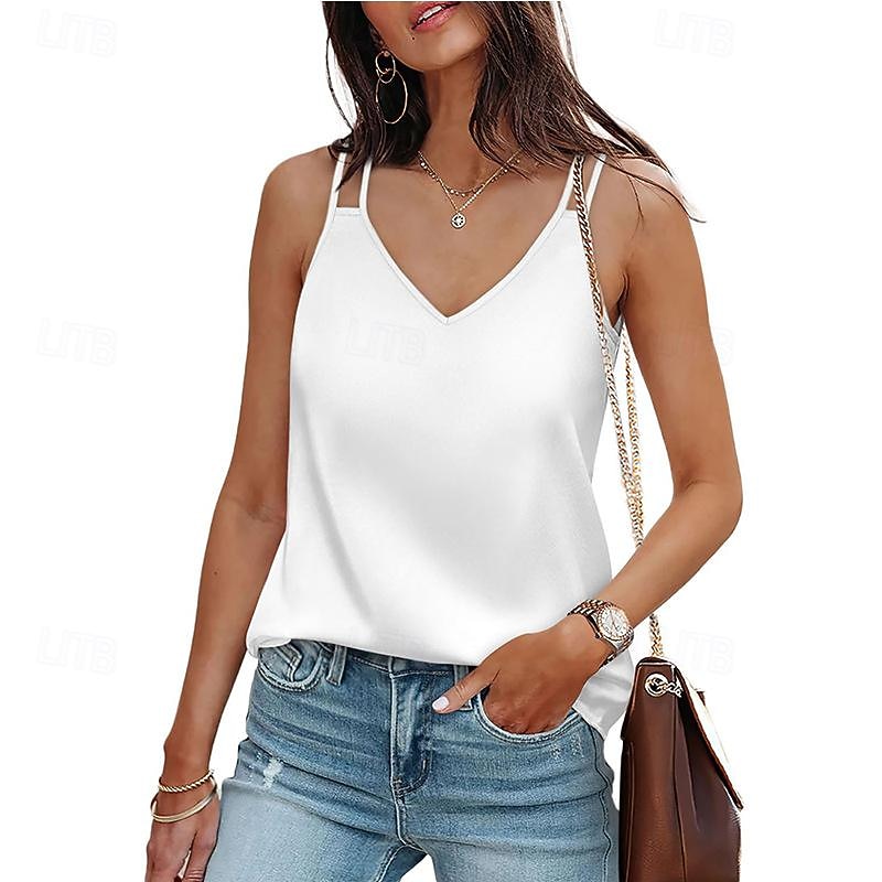 Damen Cami Tank Top Lässig Ärmellos Reguläre Tops V-Ausschnitt Urlaub Täglich Weiß Wein Grün Beige Sommer 2025 - $22.99 –P15