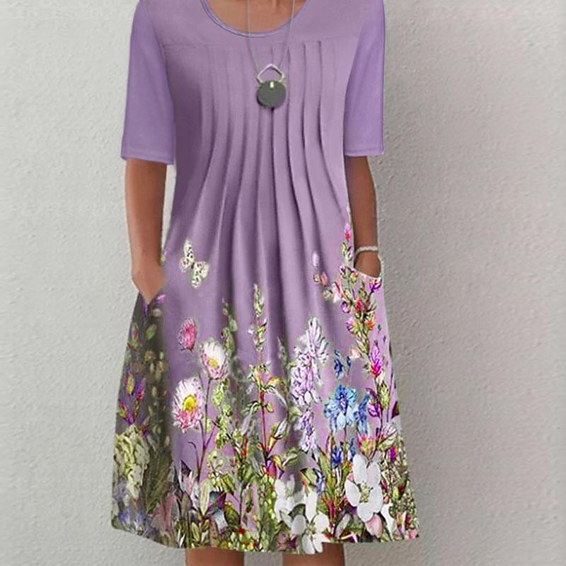 Vestito Midi Donna Vestito Casual Floreale Arricciato Stampa con Tasche Collo Giro Base Classico Quotidiano Manica Corta Estate Primavera del 2025 a $31.99 –P2
