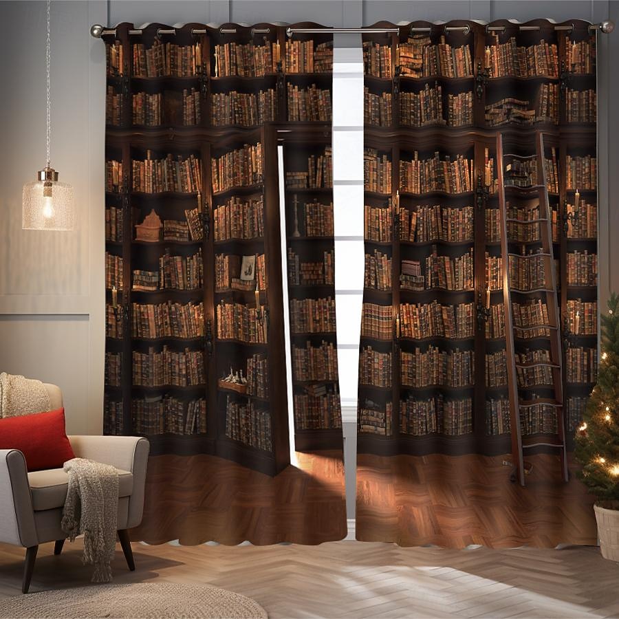 Vintage Bücherregal Verdunkelungsvorhänge Türisolierung Außenbalkon Rest Wohnzimmer Wohndekoration 2-teiliges Set mit 3D-Digitaldruck perforiert 2026 - $41.99 –P9