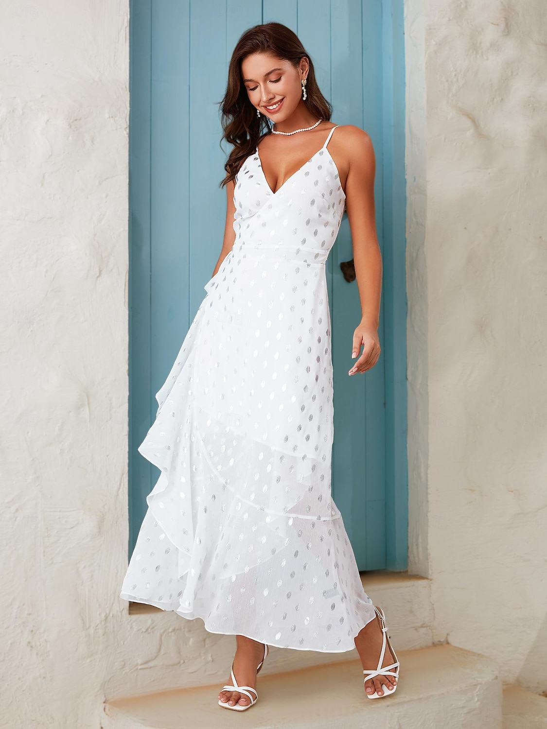 Pentru femei Rochie împachetată Rochie metalica Rochie Maxi Alb Bretele subțiri Metalic Buline Bufantă Nodul cravatei Înfășurați Primavara vara Guler Trecut Elegant Dată XS S M 2025 - $5.99 –P1